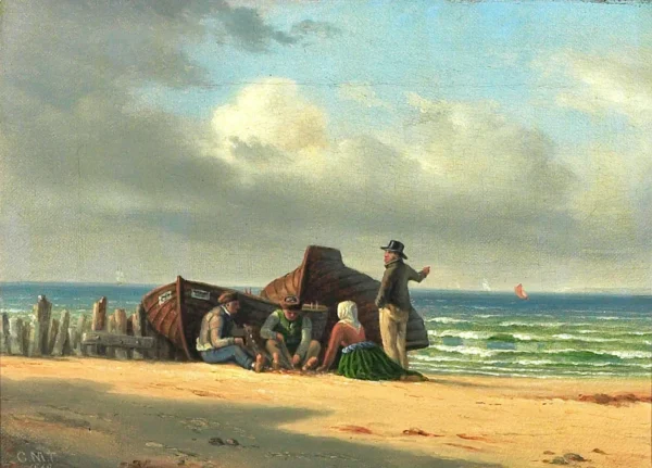 Fishermen on the beach at Hornbæk (1869) by Christian Martin Tegner — original painting reproduced as a hand-painted oil on canvas