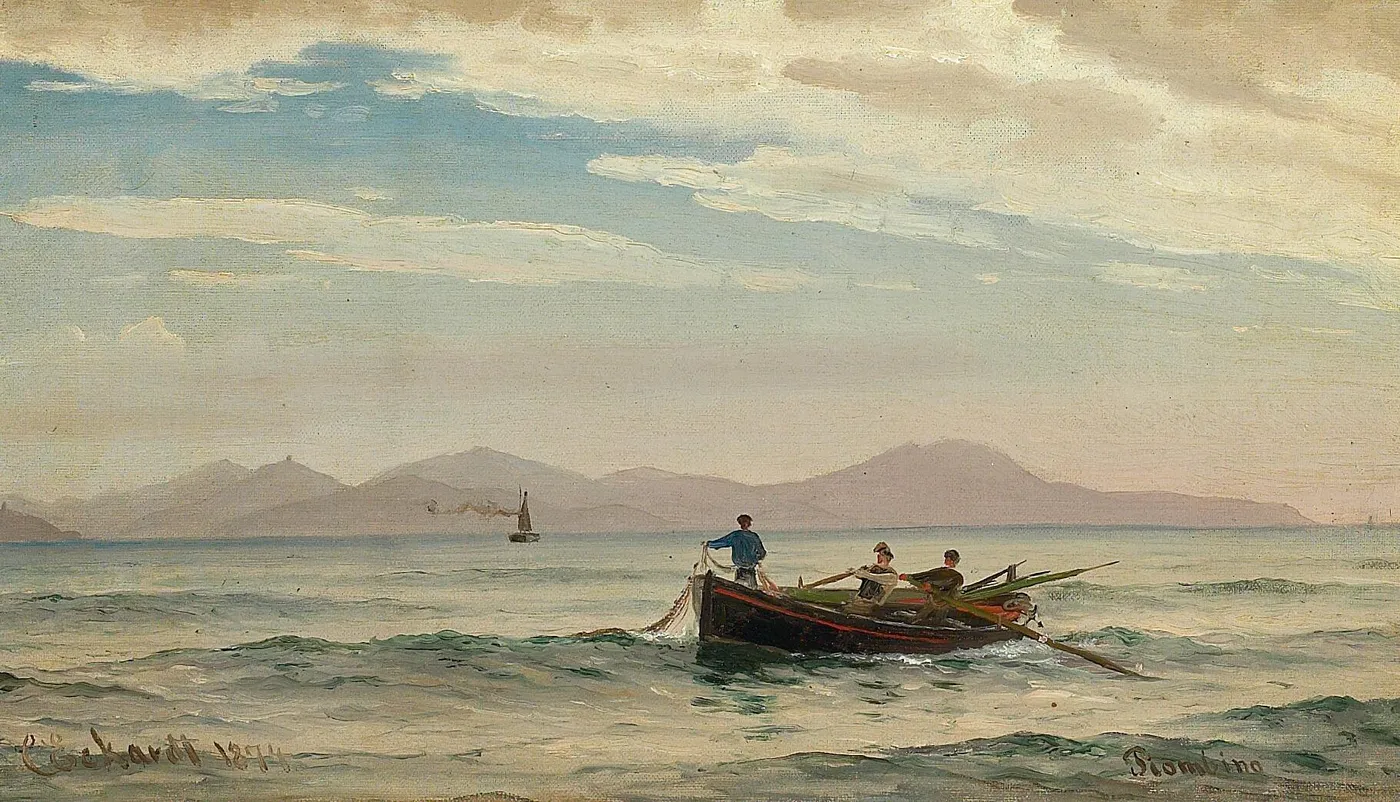 Fishermen setting up nets in the bay at Piombino. (1874) by Christian Eckardt — original painting reproduced as a hand-painted oil on canvas
