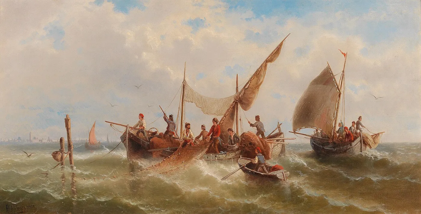 Fishing Boats against a Venetian Silhouette — Albert Rieger