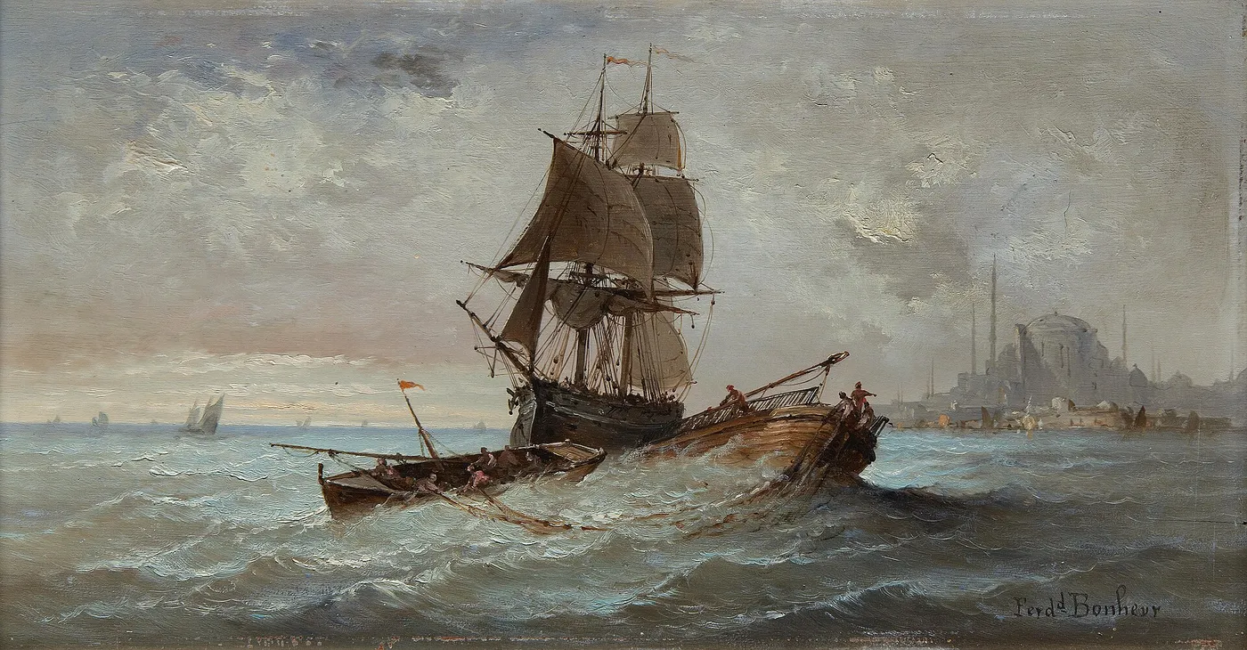 Fishing vessels off Constantinople by Ferdinand Bonheur — original painting reproduced as a hand-painted oil on canvas