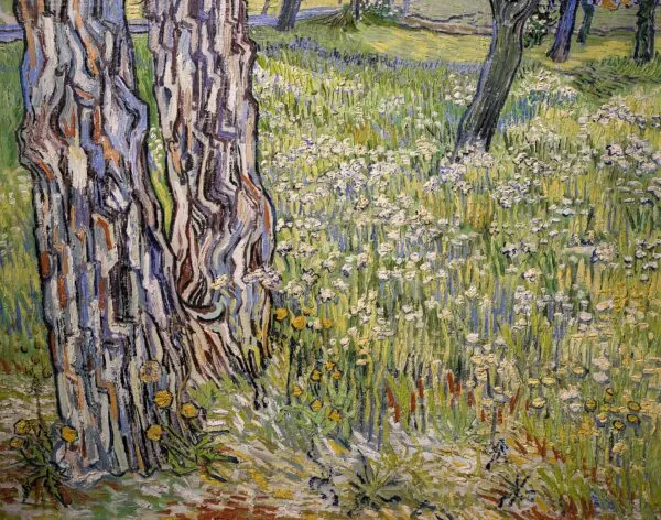 Flowering meadow with trees and dandelions (1890) by Vincent van Gogh — original painting reproduced as a hand-painted oil on canvas