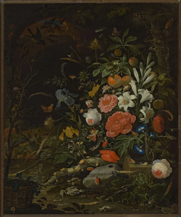 Flowers and tiny creatures – Vanitas (1650) by Abraham Mignon — original painting reproduced as a hand-painted oil on canvas