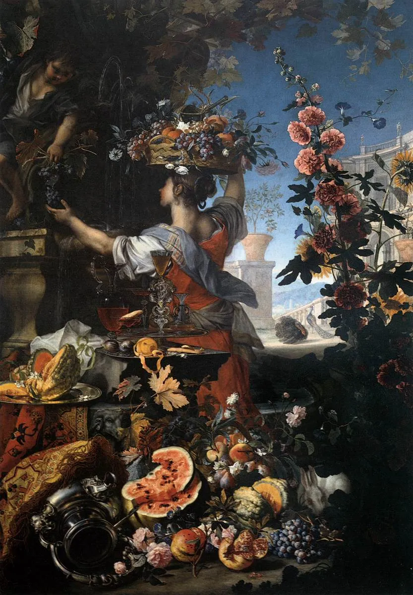 Flowers, Fruit with a Woman Picking Grapes (1696) by Christian Berentz — original painting reproduced as a hand-painted oil on canvas