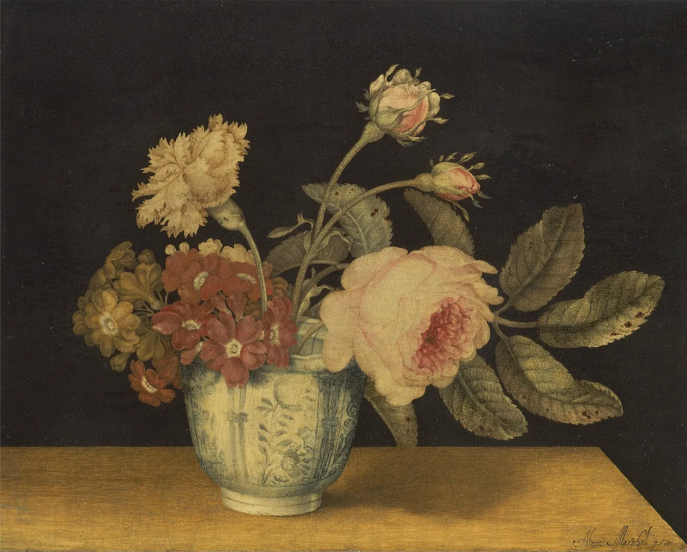 Flowers in a Delft Jar (1663) by Alexander Marshal — original painting reproduced as a hand-painted oil on canvas