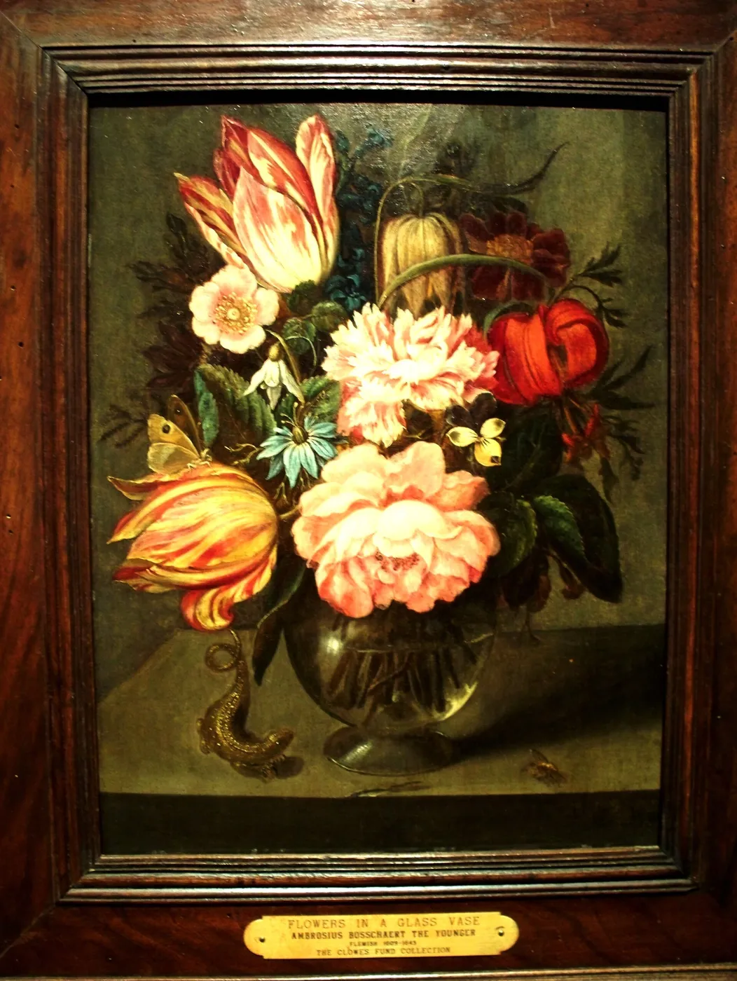 Flowers in a Glass Vase (1635) by Ambrosius Bosschaert II — original painting reproduced as a hand-painted oil on canvas