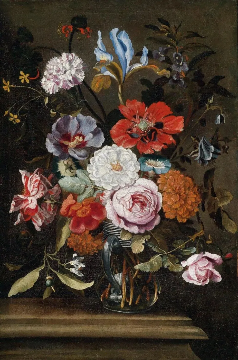 Flowers in a glass vase on a stone ledge (1650) by Ferdinand Brueghel — original painting reproduced as a hand-painted oil on canvas