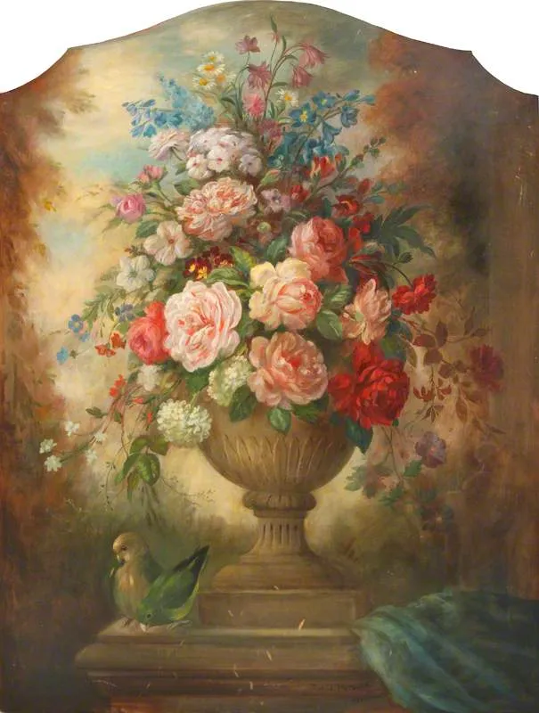 Flowers in an Urn with a Bird (firescreen) — David Paton