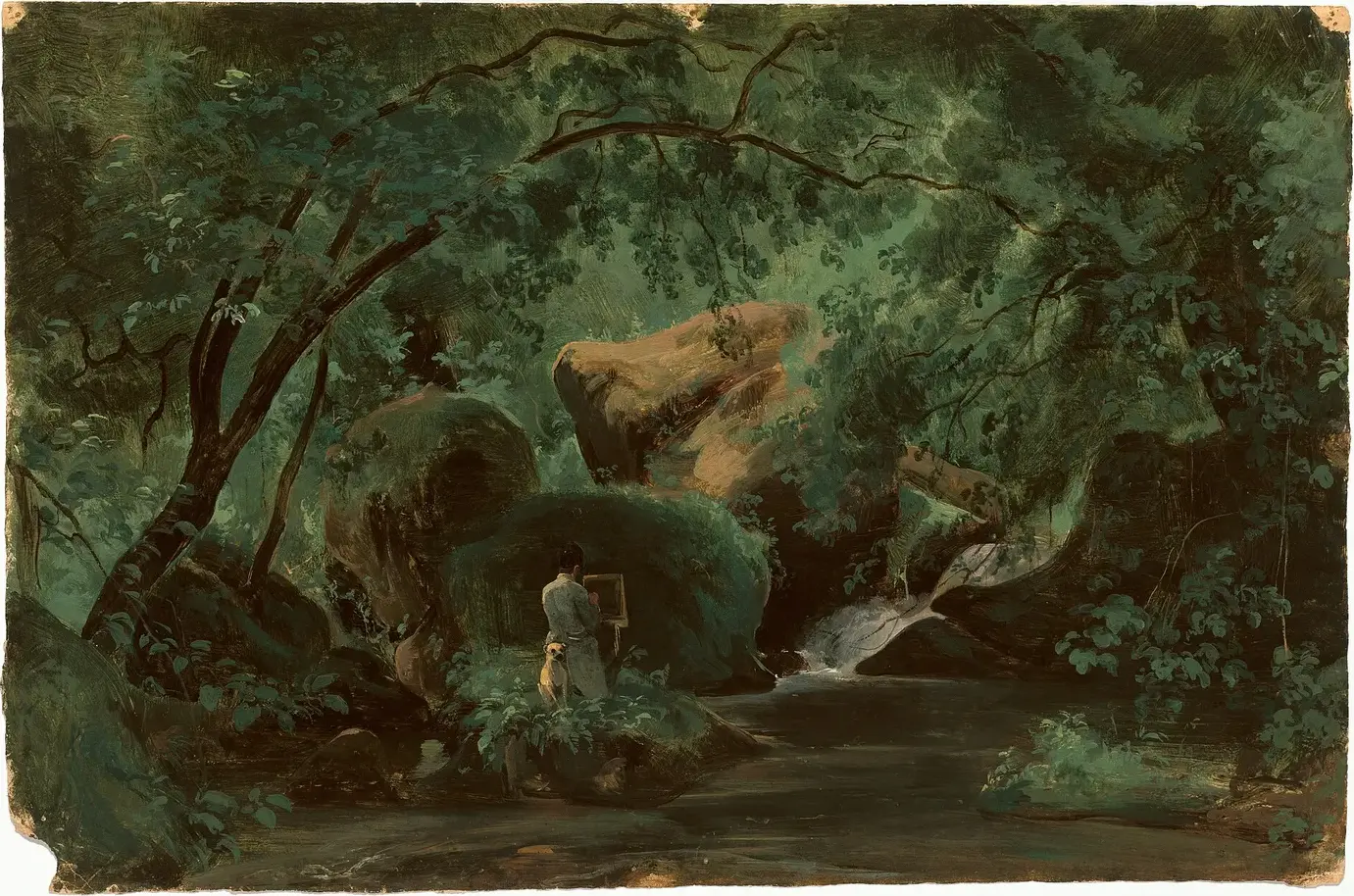 Forest Interior with a Painter, Civita Castellana (1827) by André Giroux — original painting reproduced as a hand-painted oil on canvas