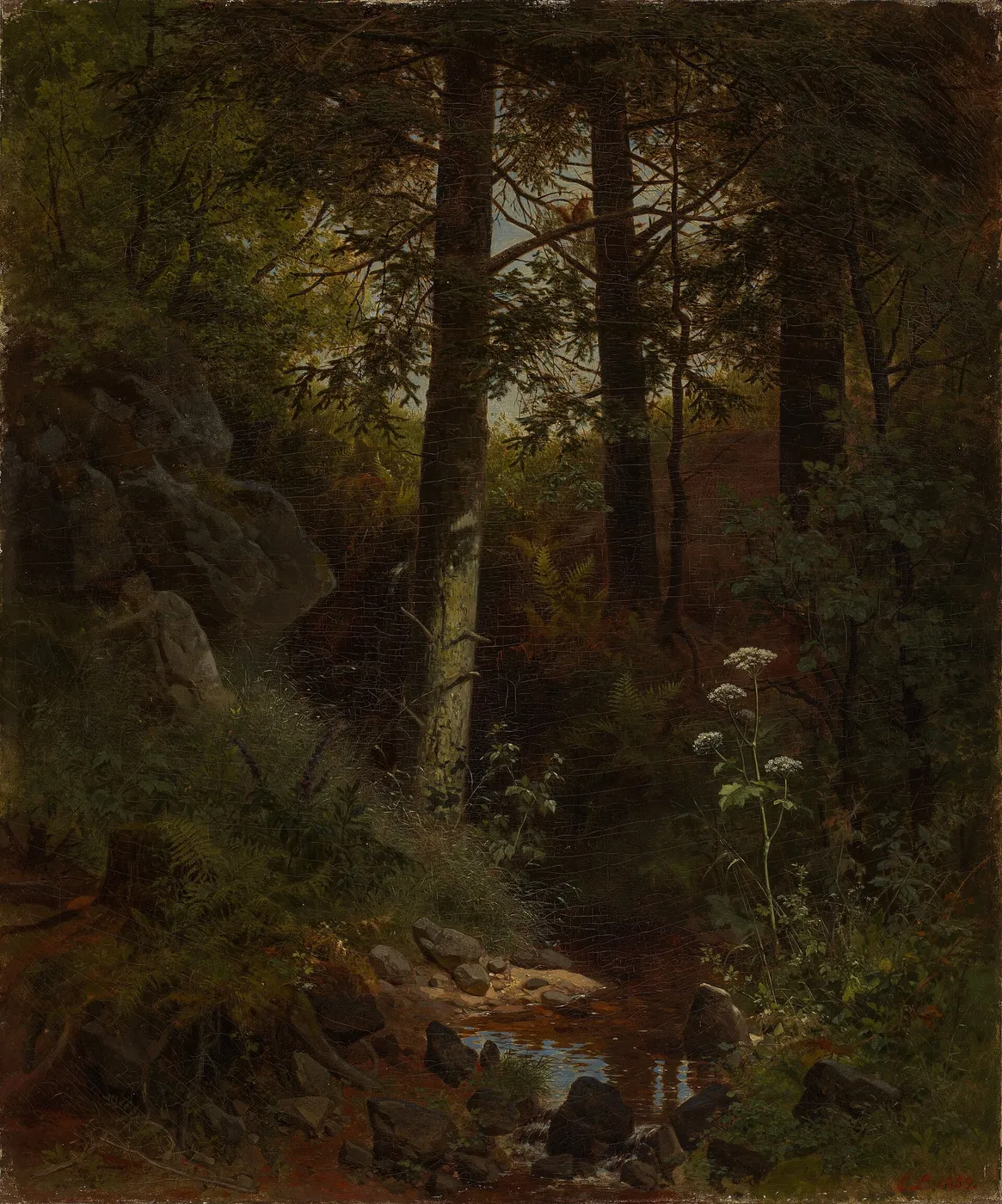 Forest solitude (1859) by Eduard Leonhardi — original painting reproduced as a hand-painted oil on canvas