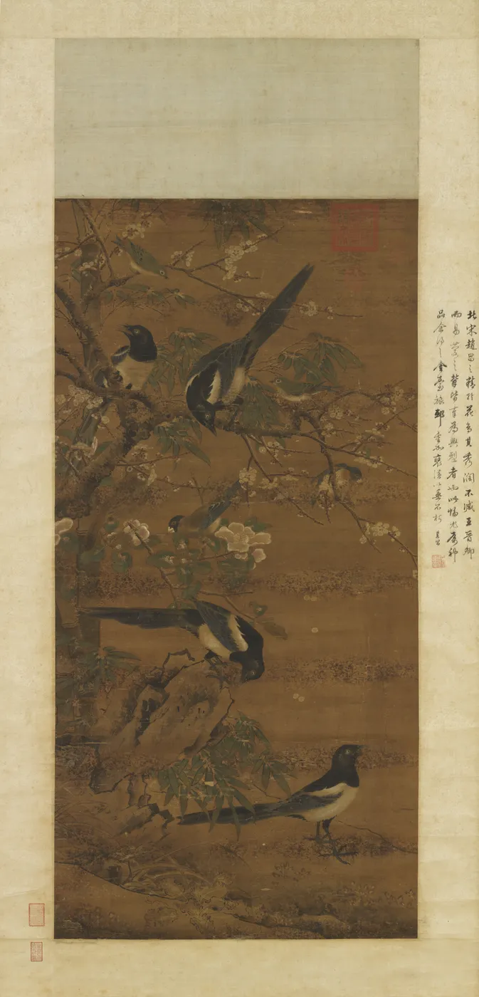 Four Magpies by Bian Jingzhao — original painting reproduced as a hand-painted oil on canvas
