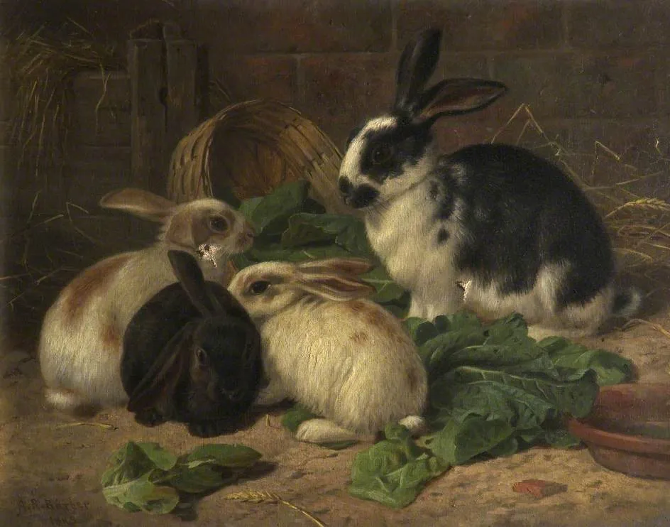 Four Rabbits (1895) by Alfred R. Barber — original painting reproduced as a hand-painted oil on canvas