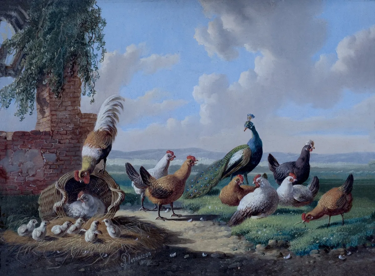Fowl in a Landscape (1874) by Albertus Verhoesen — original painting reproduced as a hand-painted oil on canvas