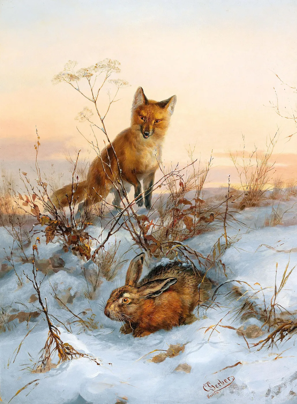 Fox and Hare (1866) by Carl Gerber — original painting reproduced as a hand-painted oil on canvas