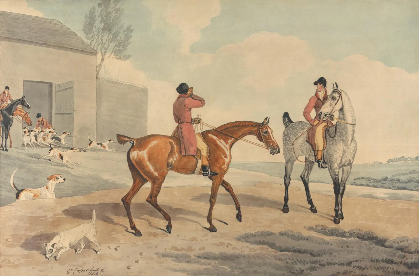 Foxhunting: Unkennelling the Pack (1816) by Edward Cooper — original watercolour reproduced as a hand-painted oil on canvas