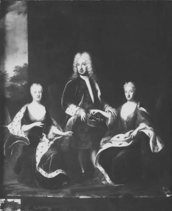 Fredrik I, 1676-1751, kung av Sverige, Ulrika Eleonora d.y., 1688-1741, Sofia Charlotta Karolina, 1678-1749 (1728) by David Kock — original painting reproduced as a hand-painted oil on canvas