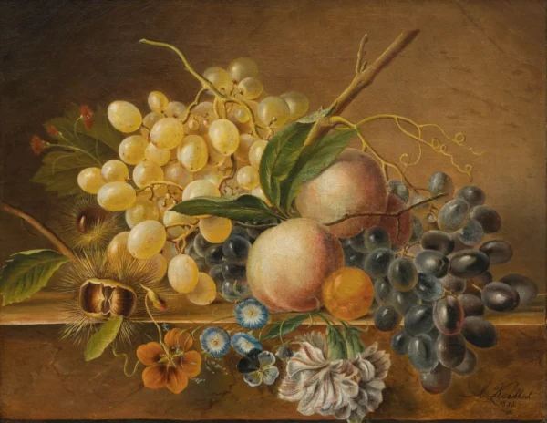 Fruit and flower still life (1873) by Adèle Koekkoek — original painting reproduced as a hand-painted oil on canvas
