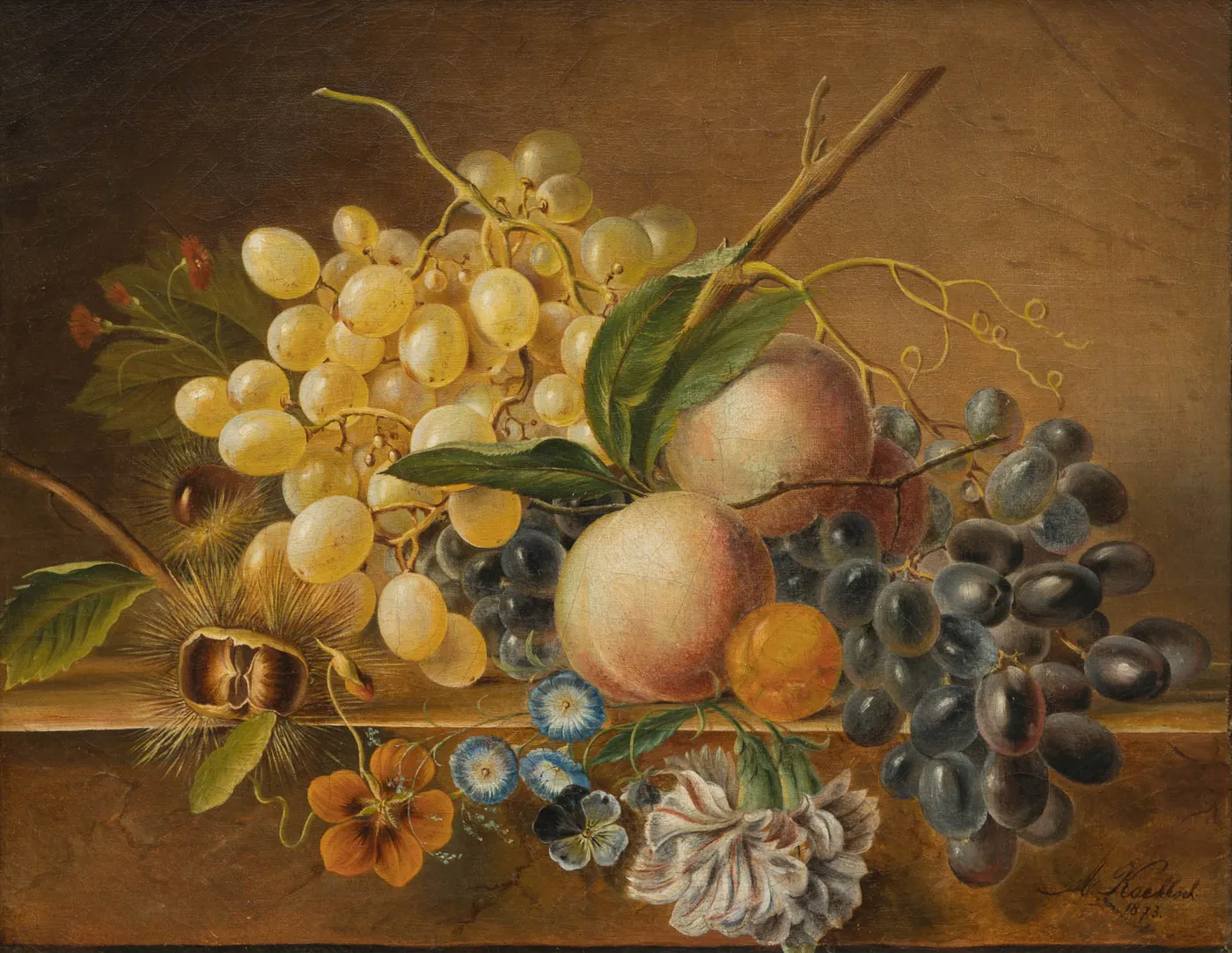 Fruit and flower still life (1873) by Adèle Koekkoek — original painting reproduced as a hand-painted oil on canvas