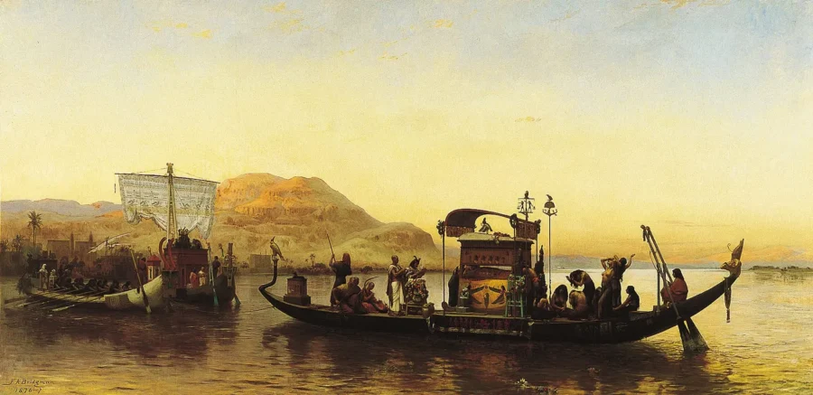Funeral of a Mummy on the Nile (1876) by Frederick Arthur Bridgman — original painting reproduced as a hand-painted oil on canvas