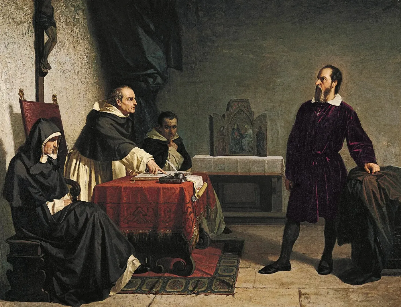 Galileo facing the Roman Inquisition (1857) by Cristiano Banti — original painting reproduced as a hand-painted oil on canvas