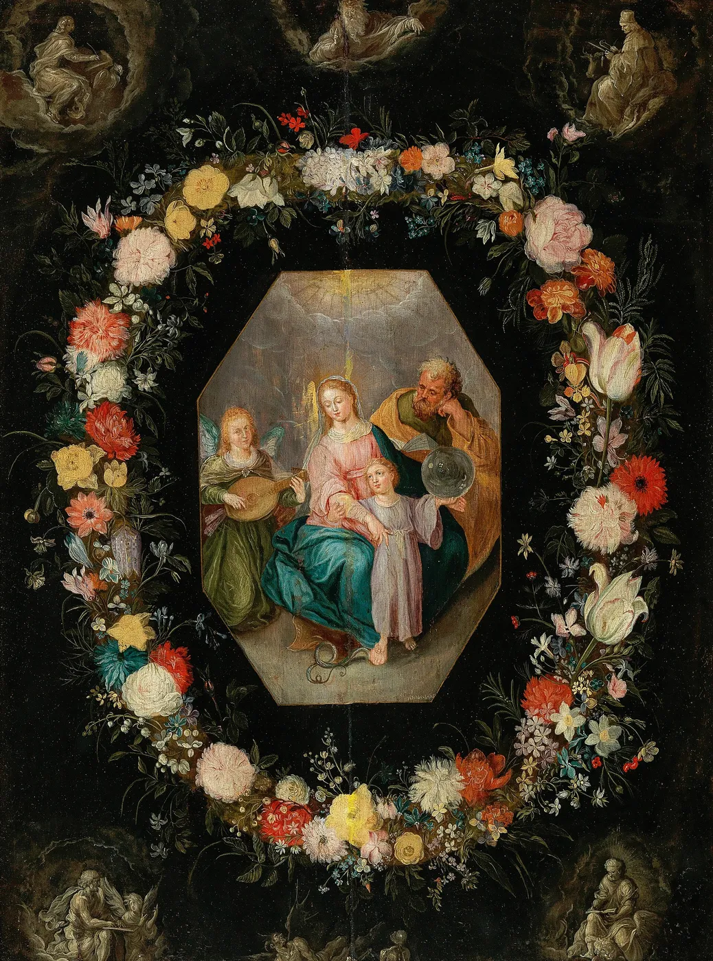 Garland of flowers around a medaillon with the Holy Family and a music making angel (1650) by Anna Maria Janssens — original painting reproduced as a hand-painted oil on canvas