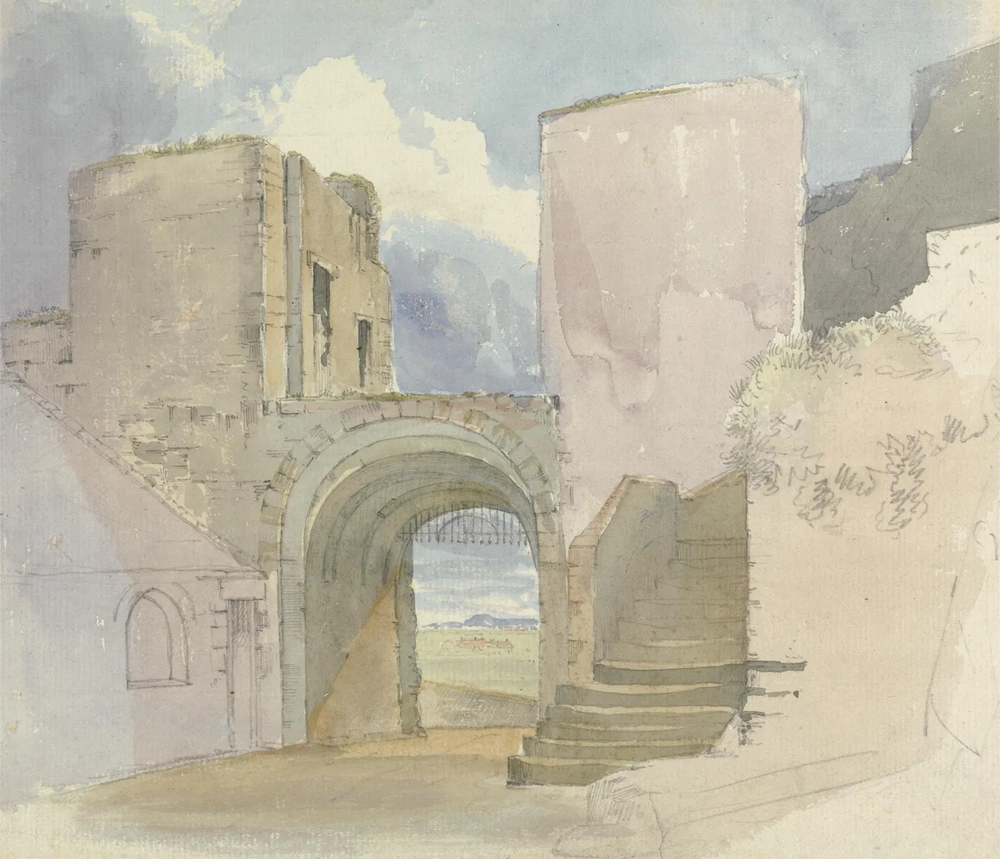 Gateway at Bamburgh Castle (1810) by Edward Hastings — original watercolour reproduced as a hand-painted oil on canvas