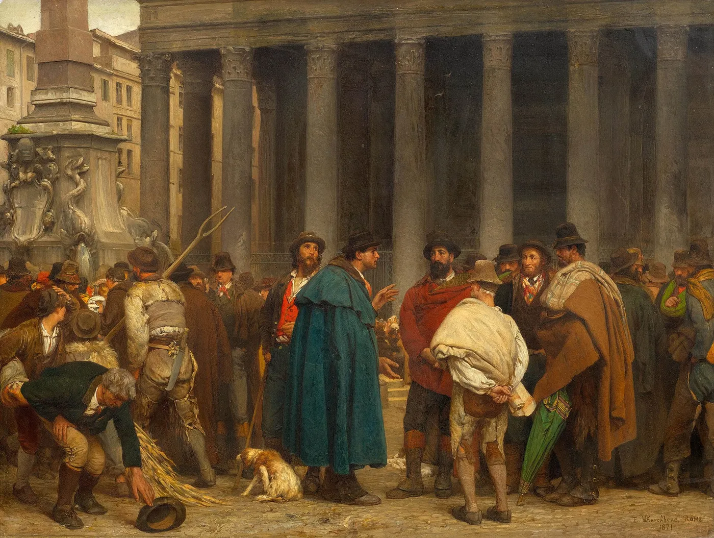 Gathering before the Pantheon in Rome (1871) by Ernest Van den Kerckhove — original painting reproduced as a hand-painted oil on canvas