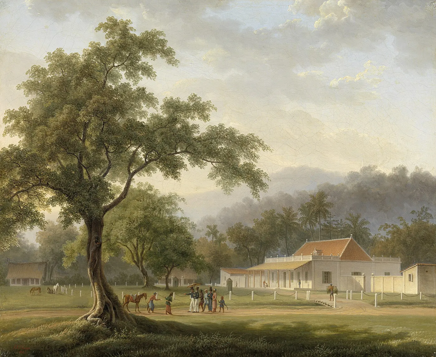 Gezicht op het huis van de assistent-resident te Banjoewangi (Oost-Java) (1828) by Antoine Payen — original painting reproduced as a hand-painted oil on canvas