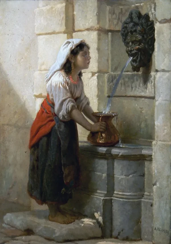 Girl at a well (1900) by Auguste Hadamard — original painting reproduced as a hand-painted oil on canvas