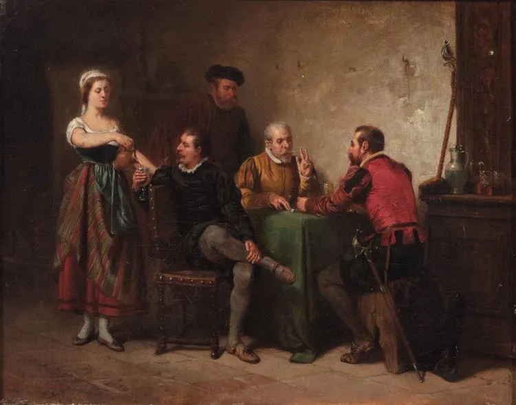 Girl Serving Wine (1860) by Adolphe-René Lefevre — original painting reproduced as a hand-painted oil on canvas