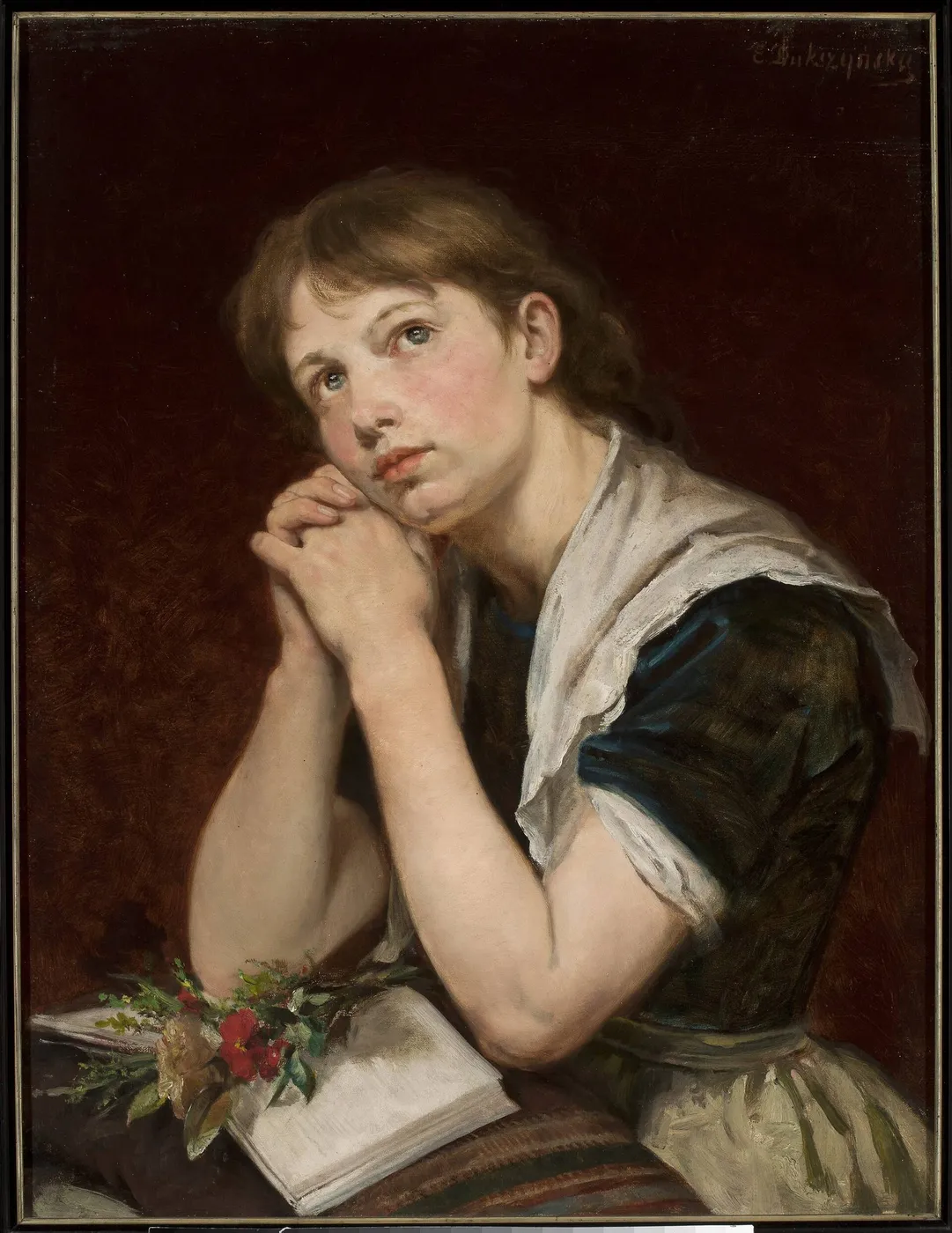 Girl with a book (1882) by Emilia Dukszyńska-Dukszta — original painting reproduced as a hand-painted oil on canvas