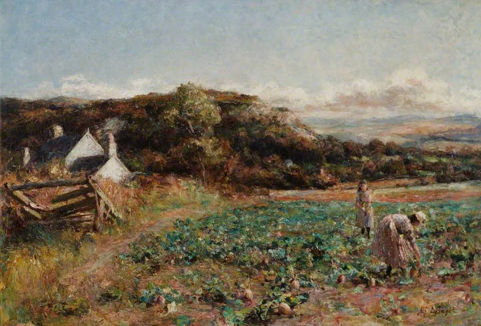 Girls in a Turnip Field above Conway Valley by Alfred Lysaght Davies — original painting reproduced as a hand-painted oil on canvas