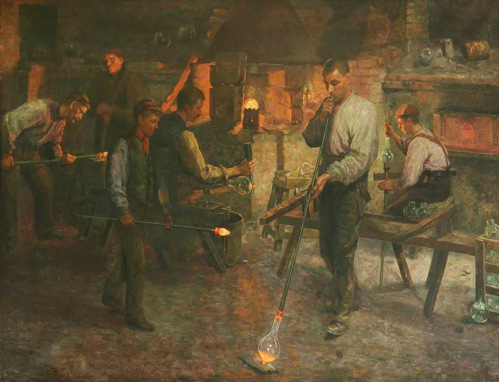 Glass Blowing, Lamp Chimney Making (1893) by Andrew Colley — original painting reproduced as a hand-painted oil on canvas
