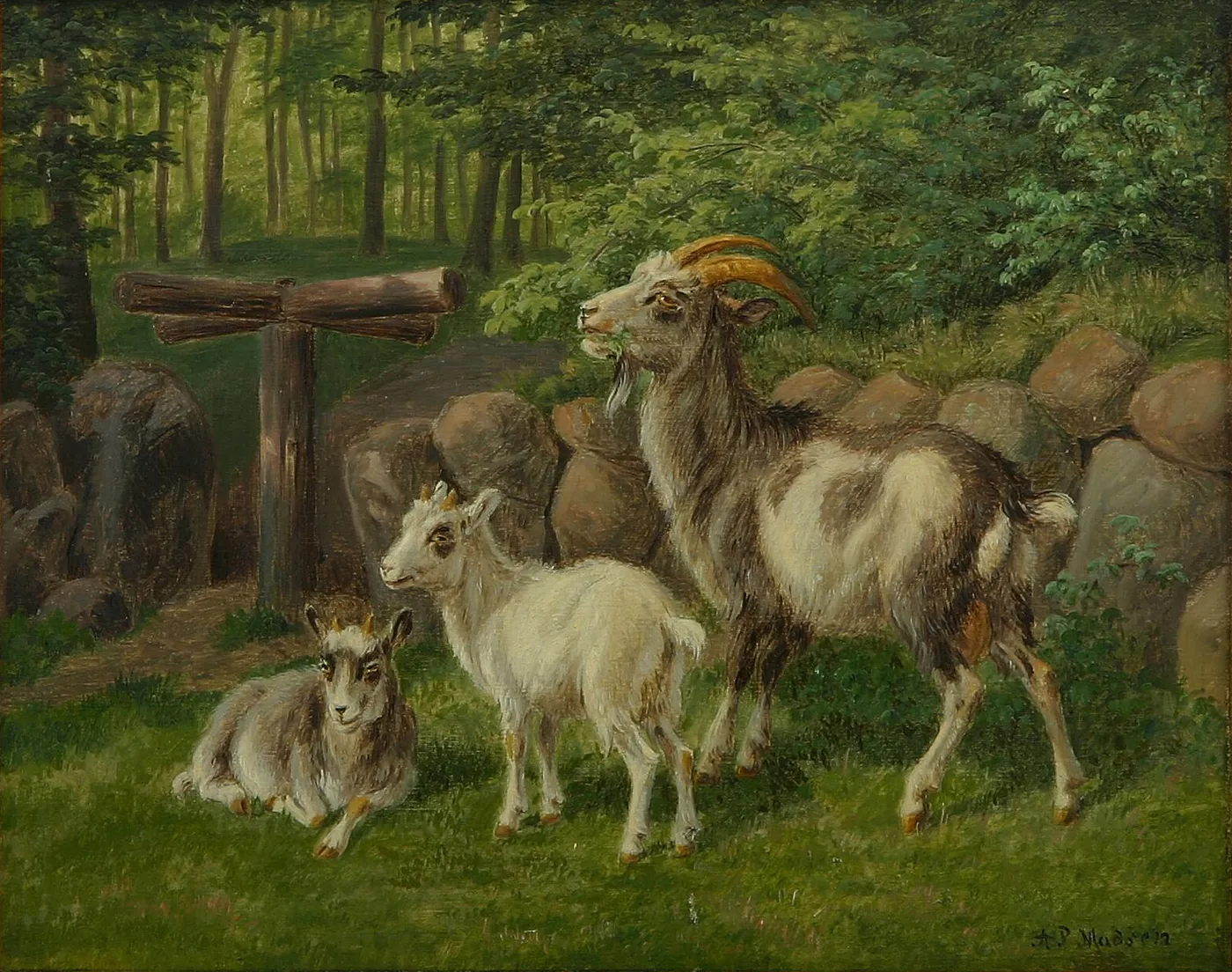 Goats by a stone fence. — Andreas Peter Madsen