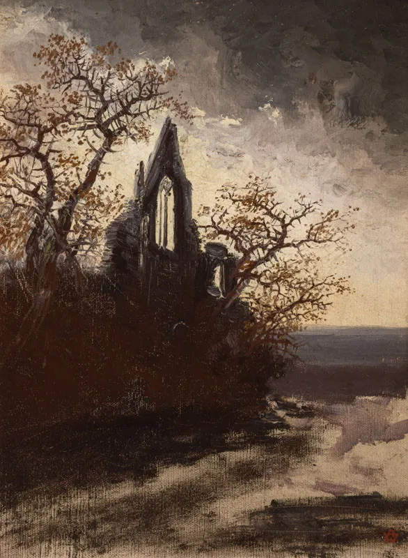 Gothic Ruins (1865) by Anton Waldhauser — original painting reproduced as a hand-painted oil on canvas