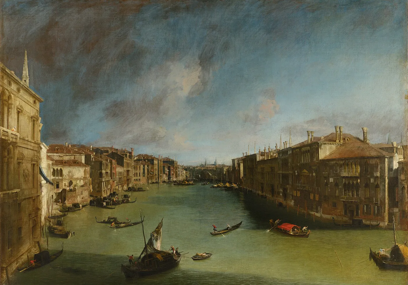 Grand Canal from Palazzo Balbi towards the Rialto (1723) by Canaletto — original painting reproduced as a hand-painted oil on canvas