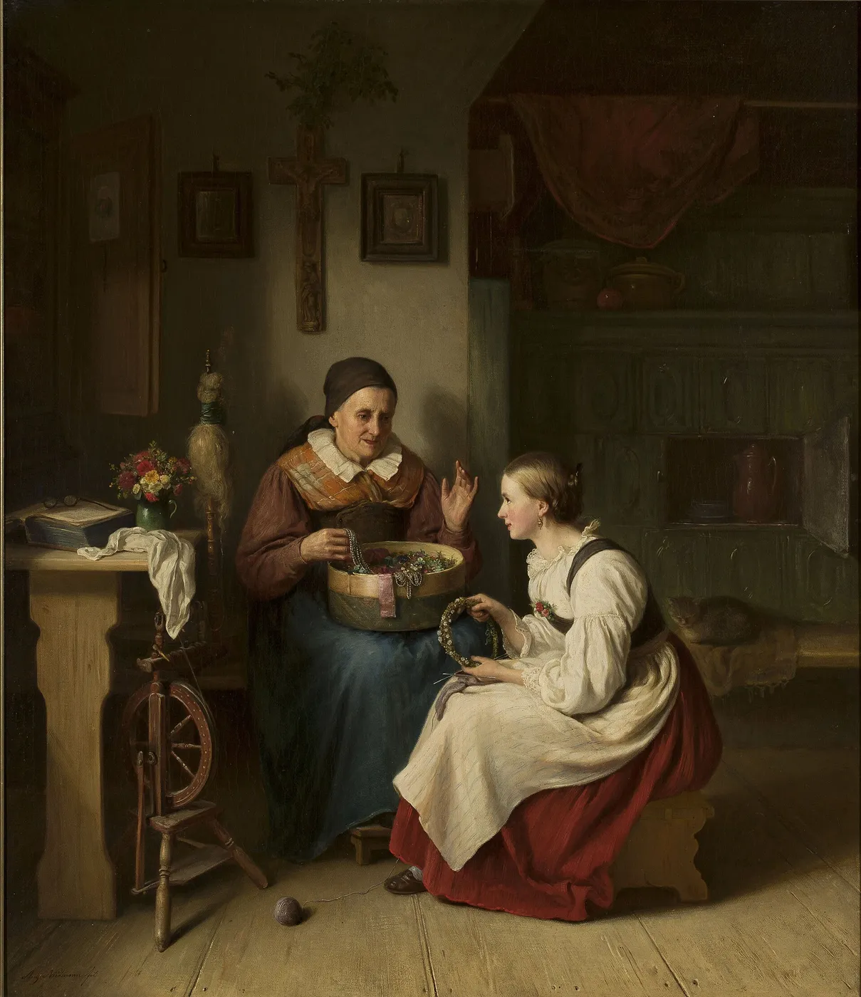 Grandmother with her granddaughter by August Heinrich Niedmann — original painting reproduced as a hand-painted oil on canvas