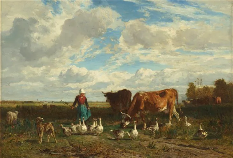 Grazing at the goose keeper (1854) by Constant Troyon — original painting reproduced as a hand-painted oil on canvas