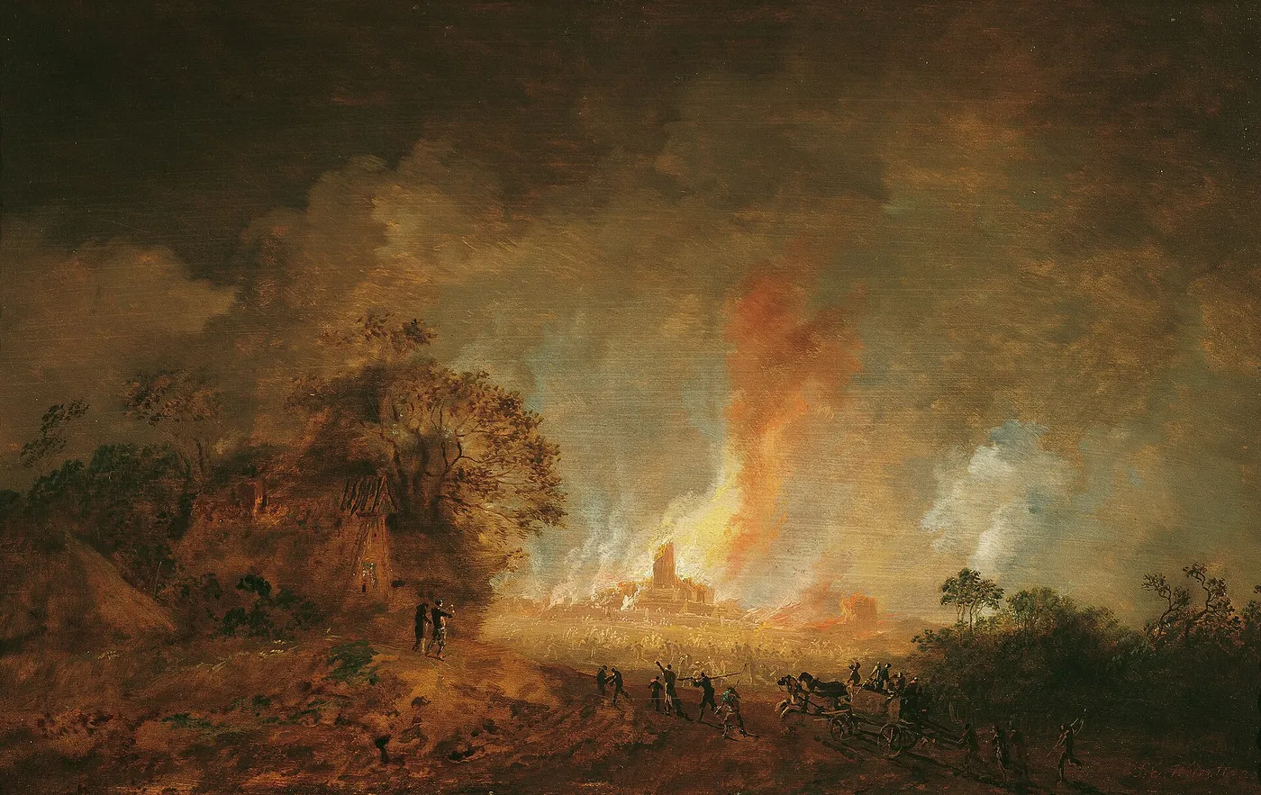 Great fire in a city during the night (1759) by Franz Edmund Weirotter — original painting reproduced as a hand-painted oil on canvas