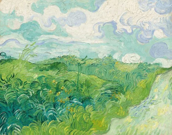 Green Wheat Fields, Auvers (1890) by Vincent van Gogh — original painting reproduced as a hand-painted oil on canvas