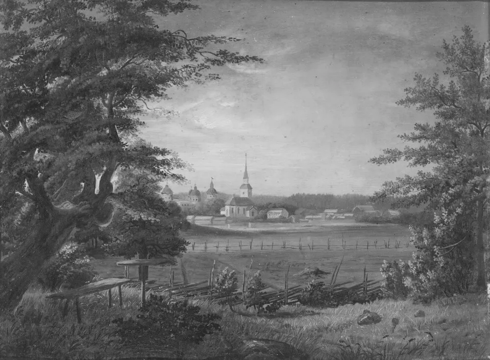 Gripsholms slott och Mariefred (1852) by Carl August Fahlgren — original painting reproduced as a hand-painted oil on canvas