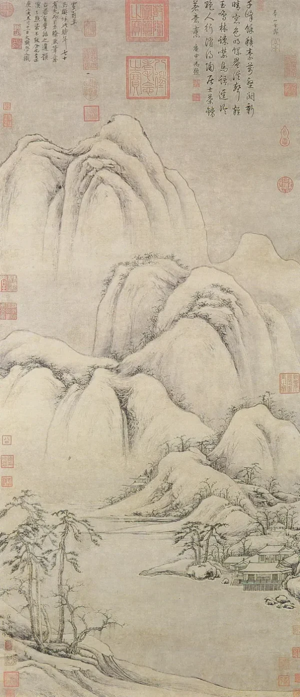 Group of Peaks Clearing After Snow (1313) by Cao Zhibai — original painting reproduced as a hand-painted oil on canvas