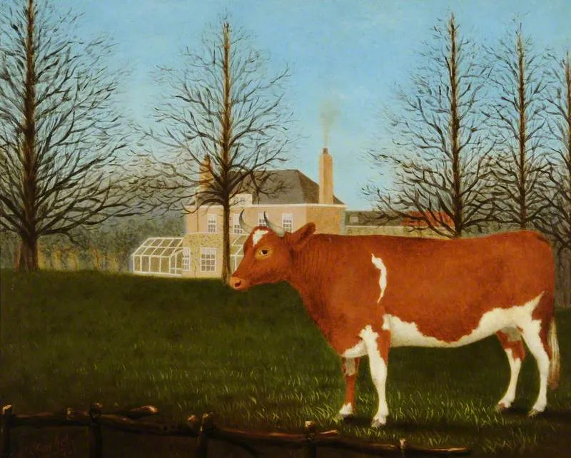 Guernsey Heifer behind Manoir de Pierre Percee (1874) by Denys Corbet — original painting reproduced as a hand-painted oil on canvas