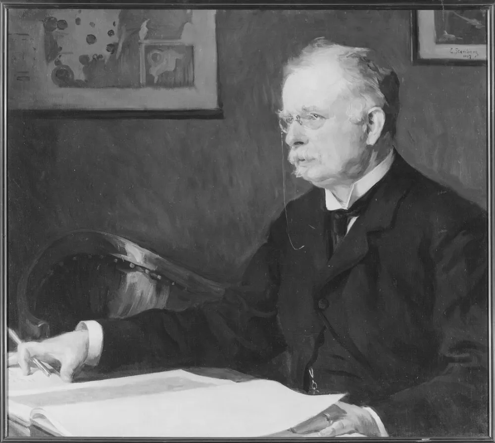Gustaf Richert, 1857-1934, professor, fil.dr h.c., gift med Ellen Turinna Elise Billbergh (1917) by Emerik Stenberg — original painting reproduced as a hand-painted oil on canvas