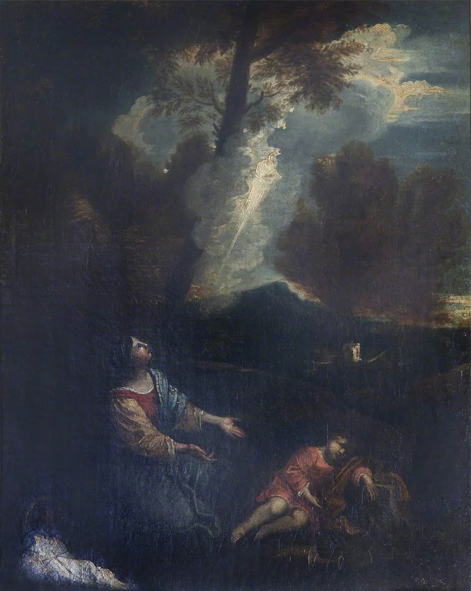 Hagar and Ishmael in the Desert, rescued by the Voice of an Angel (after Pier Francesco Mola) — Amelia Sophia Hume