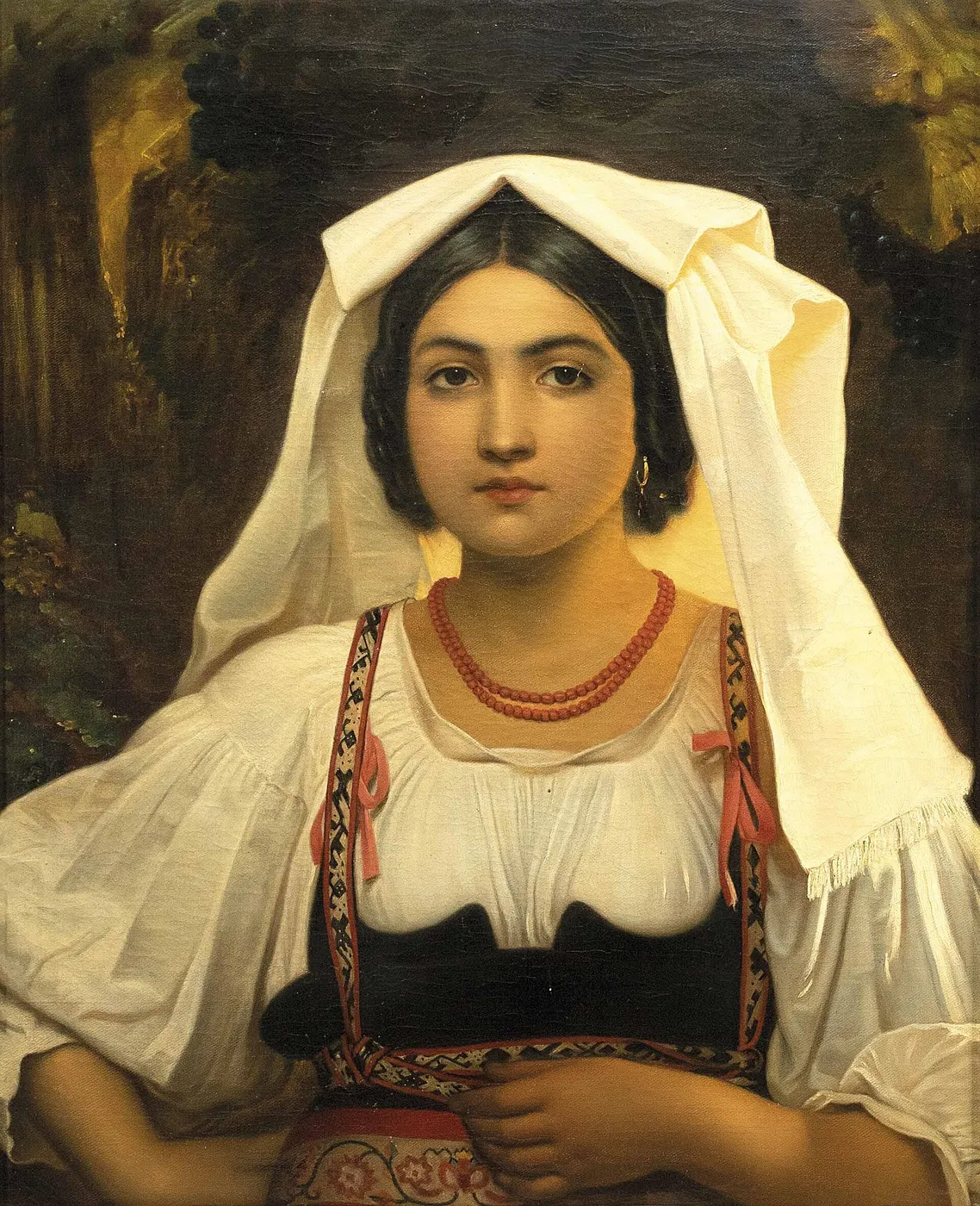 Half-portrait of a young Italian woman in traditional costume in front of grape arbor (1900) by Ferdinand Minor — original painting reproduced as a hand-painted oil on canvas