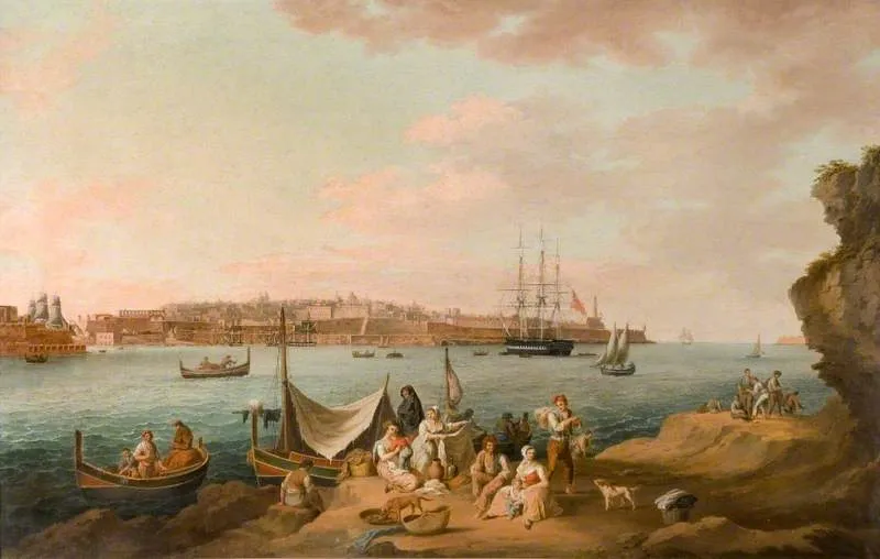 Harbour Scene, Malta by Anton Schranz — original painting reproduced as a hand-painted oil on canvas