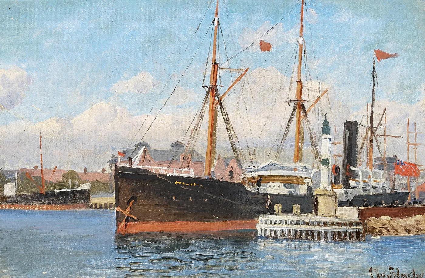 Harbour scene with ships. (1888) by Christian Blache — original painting reproduced as a hand-painted oil on canvas