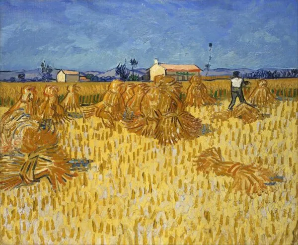 Harvest in Provence (1888) by Vincent van Gogh — original painting reproduced as a hand-painted oil on canvas
