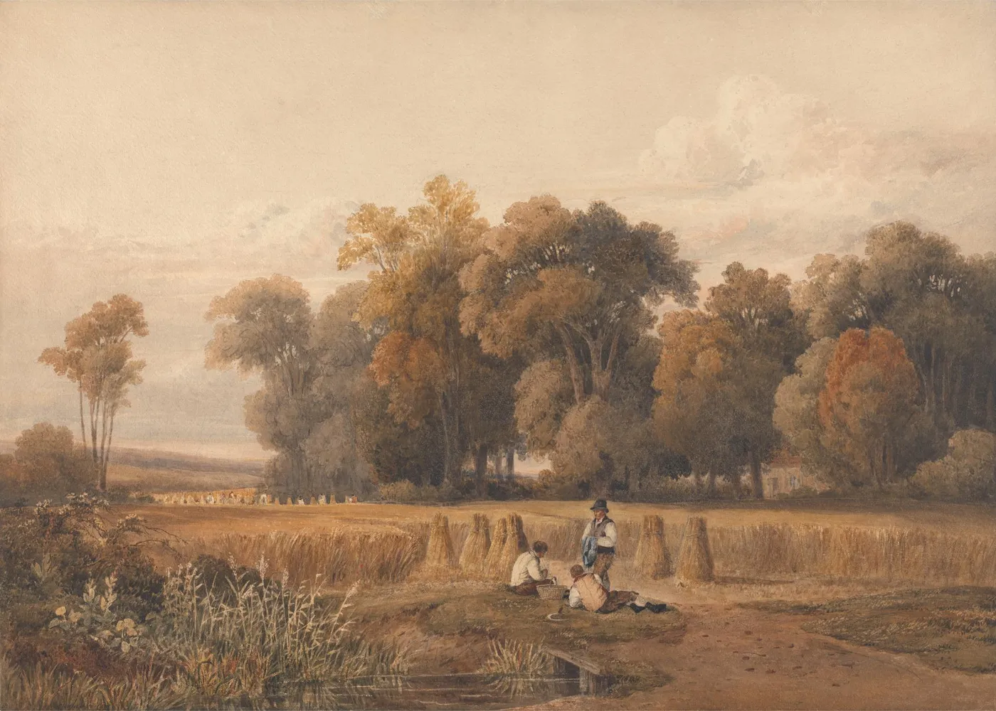 Harvesting - The Noontide Rest (1811) by Charles Barber — original watercolour reproduced as a hand-painted oil on canvas