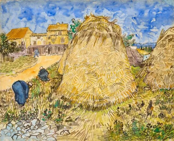 Haystacks near a Farm (1888) by Vincent van Gogh — original watercolour reproduced as a hand-painted oil on canvas
